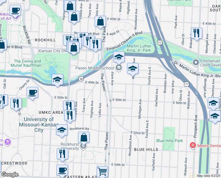 map of restaurants, bars, coffee shops, grocery stores, and more near 1423 East 49th Street in Kansas City