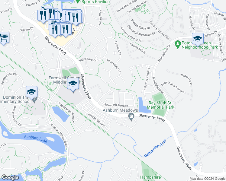 map of restaurants, bars, coffee shops, grocery stores, and more near 20924 Duryea Terrace in Ashburn