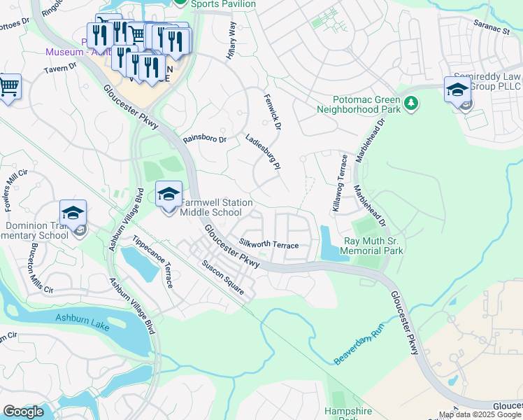 map of restaurants, bars, coffee shops, grocery stores, and more near 20924 Duryea Terrace in Ashburn