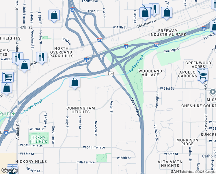 map of restaurants, bars, coffee shops, grocery stores, and more near 5101 Conser in Overland Park