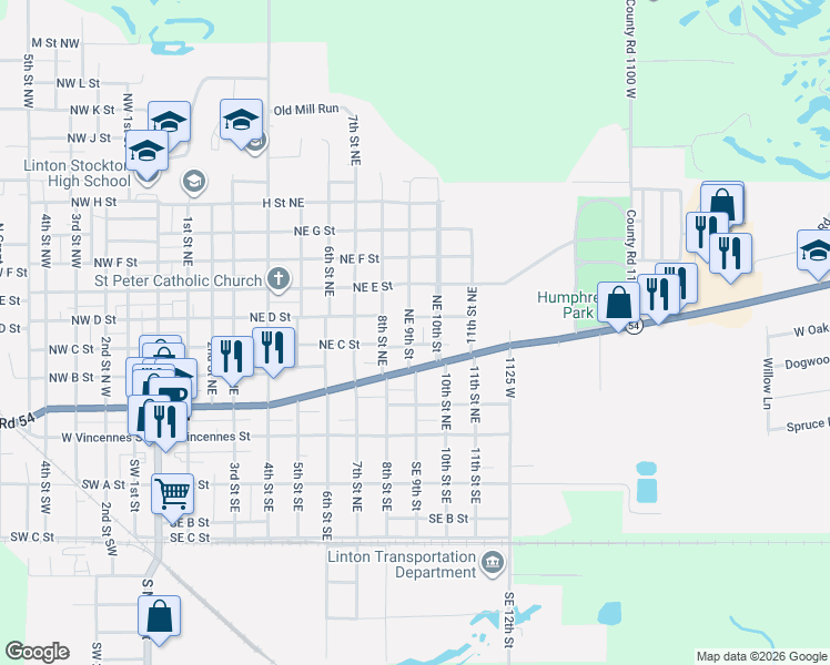 map of restaurants, bars, coffee shops, grocery stores, and more near 389 9th St NE in Linton