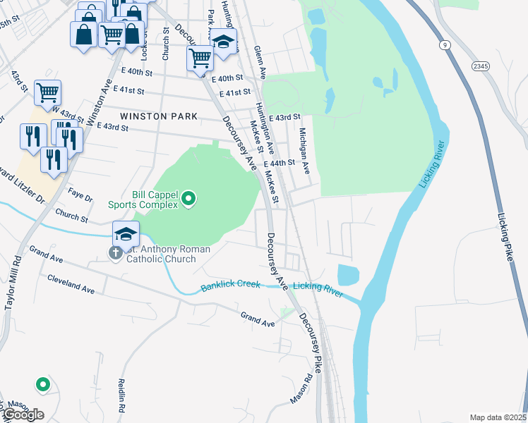 map of restaurants, bars, coffee shops, grocery stores, and more near 4501 Decoursey Avenue in Covington