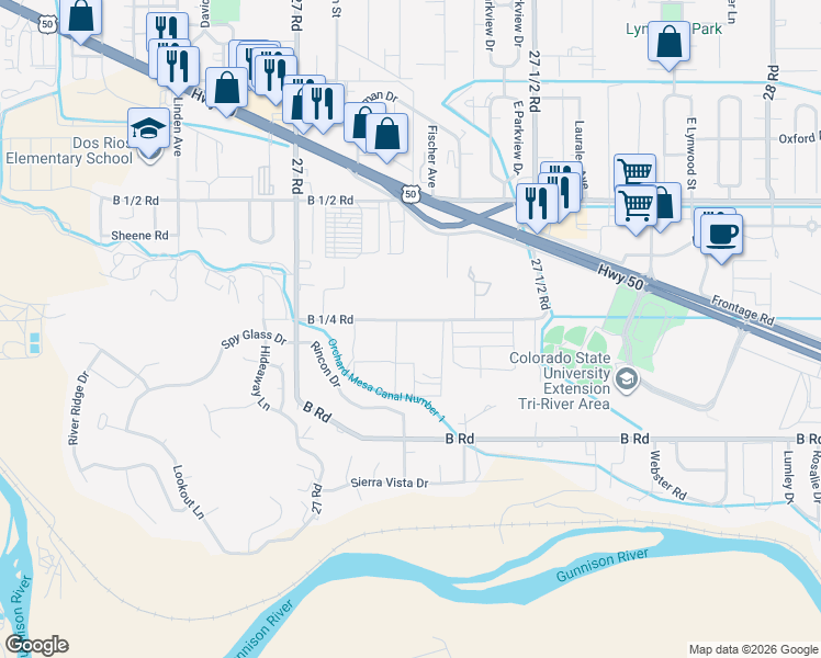 map of restaurants, bars, coffee shops, grocery stores, and more near 2723-2729 B 1/4 Road in Grand Junction