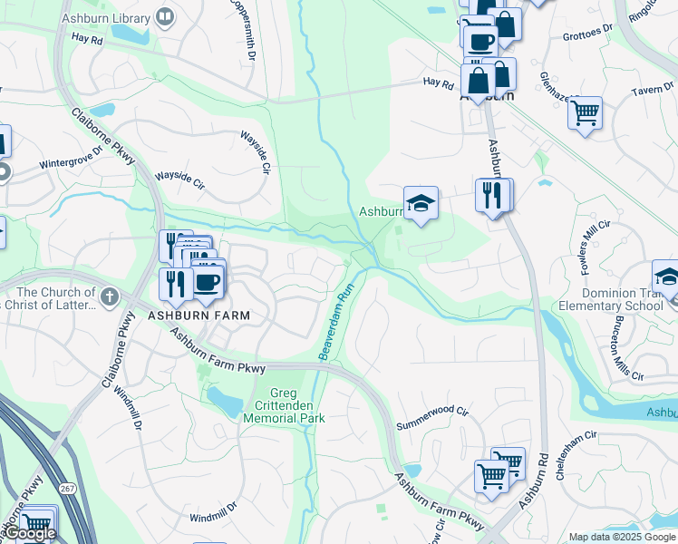 map of restaurants, bars, coffee shops, grocery stores, and more near 43555 Plantation Terrace in Ashburn