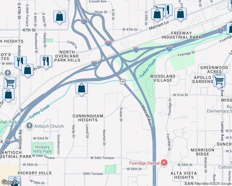 map of restaurants, bars, coffee shops, grocery stores, and more near 5100 Conser Street in Overland Park