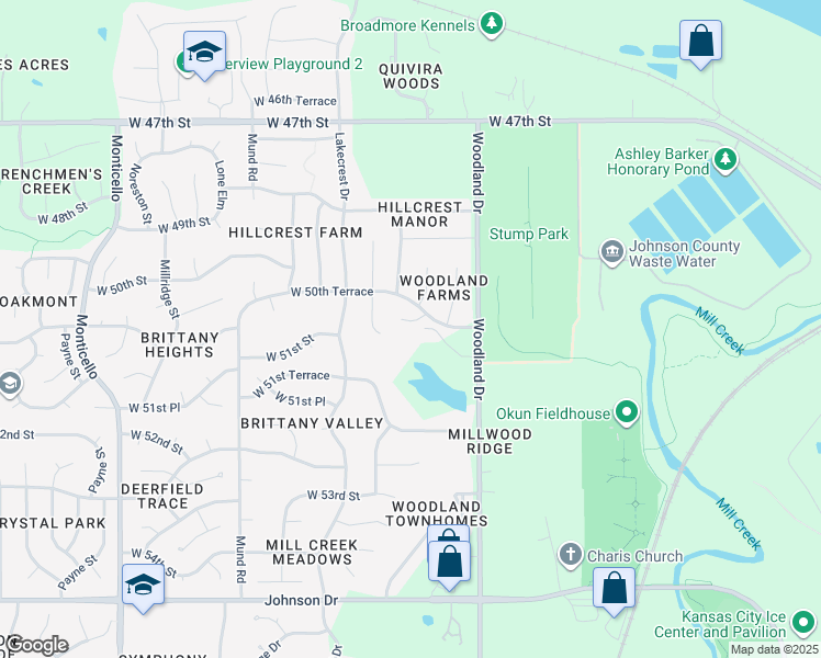 map of restaurants, bars, coffee shops, grocery stores, and more near 5033 Woodstock Court in Shawnee