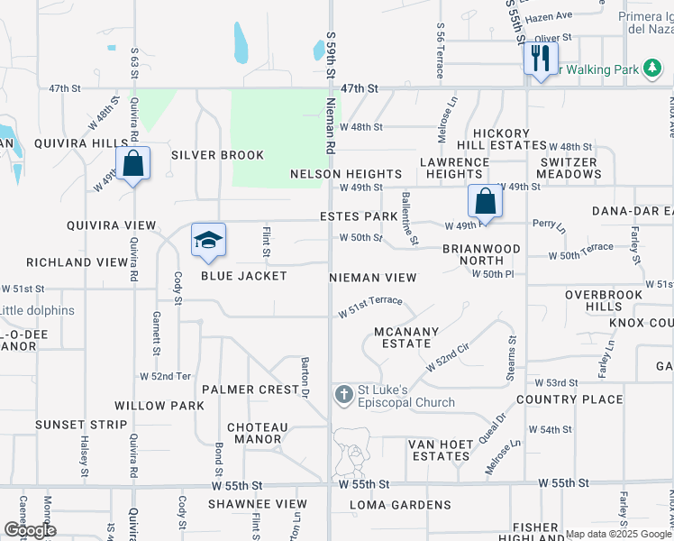 map of restaurants, bars, coffee shops, grocery stores, and more near 11014 West 50th Terrace in Shawnee