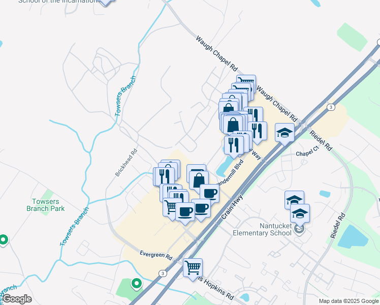 map of restaurants, bars, coffee shops, grocery stores, and more near 2530 Brickhead Road in Gambrills