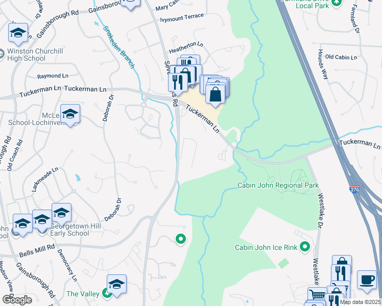 map of restaurants, bars, coffee shops, grocery stores, and more near 11032 Seven Hill Lane in Rockville