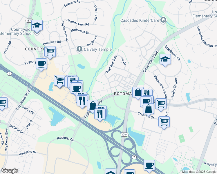 map of restaurants, bars, coffee shops, grocery stores, and more near 46136 Brisbane Square in Sterling