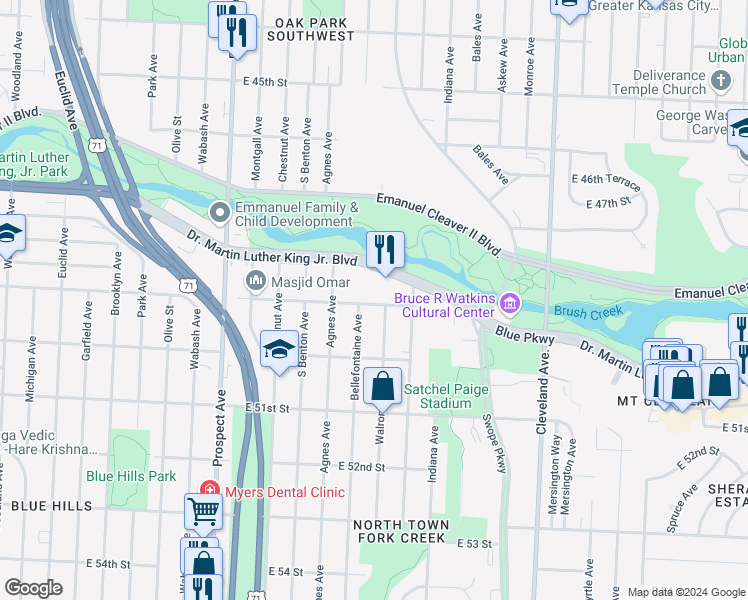 map of restaurants, bars, coffee shops, grocery stores, and more near 3112 East 49th Street in Kansas City