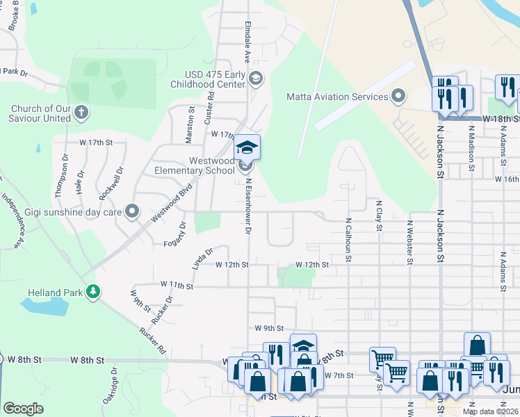 map of restaurants, bars, coffee shops, grocery stores, and more near 1032 West 14th Street in Junction City