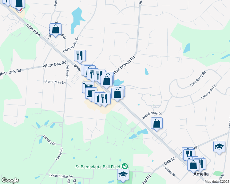 map of restaurants, bars, coffee shops, grocery stores, and more near 3 Lori Lane in Amelia