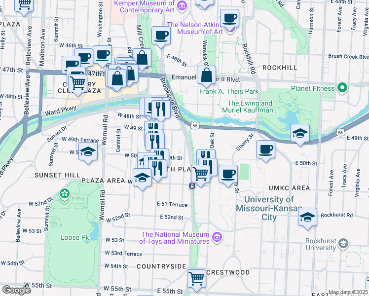 map of restaurants, bars, coffee shops, grocery stores, and more near 4925 Walnut Street in Kansas City