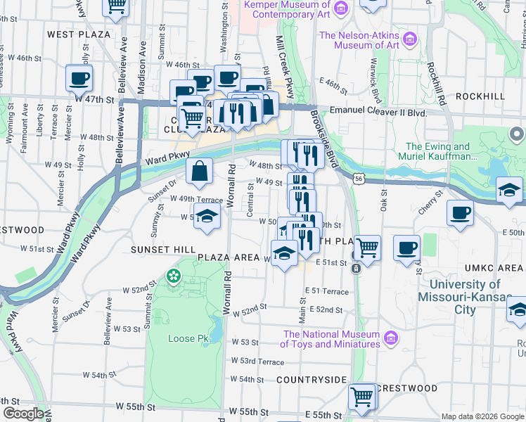 map of restaurants, bars, coffee shops, grocery stores, and more near 4911 Central Street in Kansas City