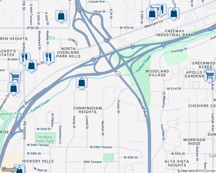 map of restaurants, bars, coffee shops, grocery stores, and more near 5013 Conser in Overland Park