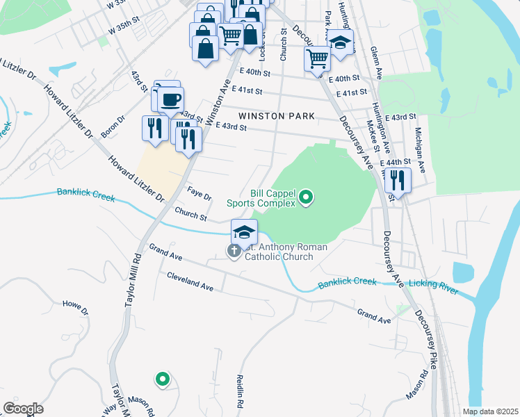 map of restaurants, bars, coffee shops, grocery stores, and more near 4606A Church Street in Taylor Mill