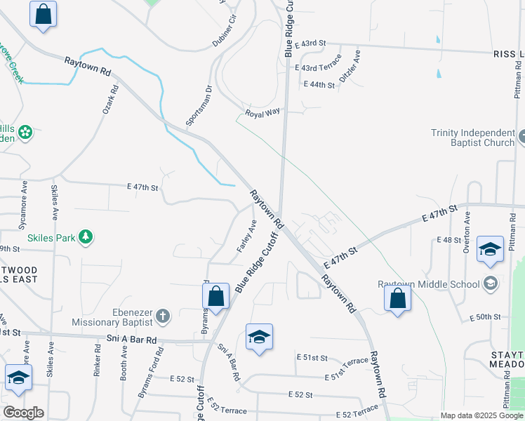 map of restaurants, bars, coffee shops, grocery stores, and more near 4722 Raytown Road in Kansas City