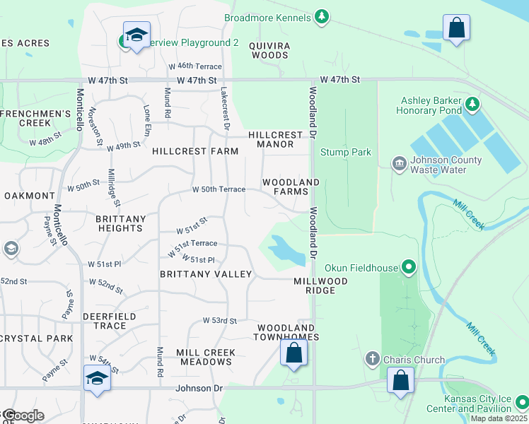 map of restaurants, bars, coffee shops, grocery stores, and more near 5033 Woodstock Court in Shawnee