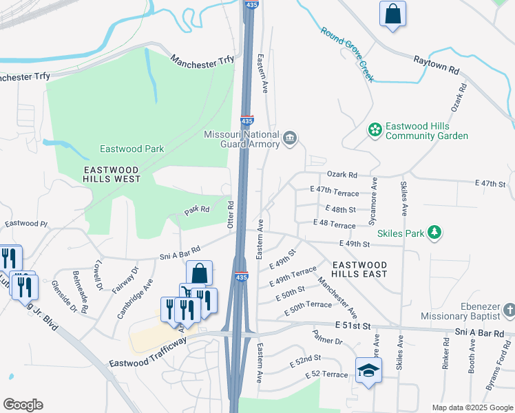 map of restaurants, bars, coffee shops, grocery stores, and more near 7400 Ozark Road in Kansas City