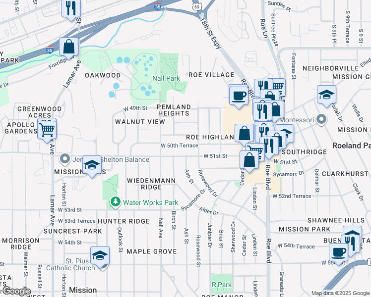map of restaurants, bars, coffee shops, grocery stores, and more near 5301 West 50th Terrace in Roeland Park