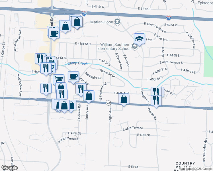 map of restaurants, bars, coffee shops, grocery stores, and more near 4515 South Fremont Road in Independence