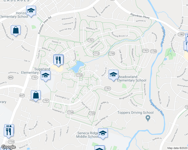 map of restaurants, bars, coffee shops, grocery stores, and more near 248 North Cottage Road in Sterling