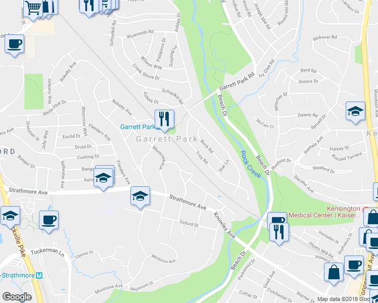 map of restaurants, bars, coffee shops, grocery stores, and more near 11206 Troy Road in Rockville