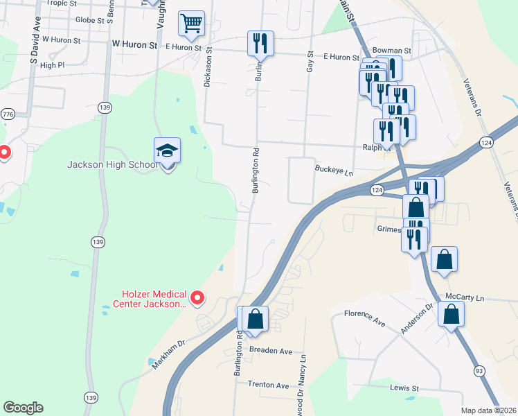 map of restaurants, bars, coffee shops, grocery stores, and more near 314 Burlington Road in Jackson