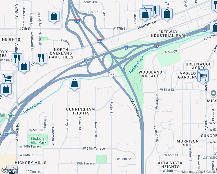 map of restaurants, bars, coffee shops, grocery stores, and more near 5117 Conser in Overland Park
