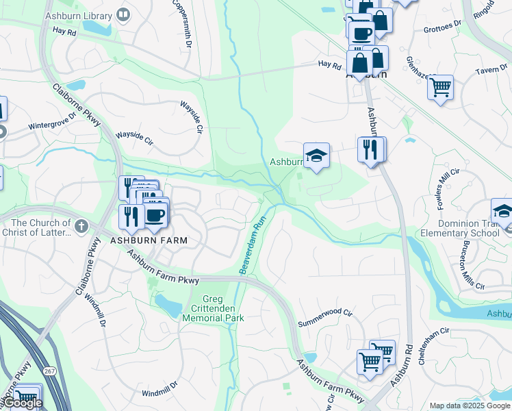 map of restaurants, bars, coffee shops, grocery stores, and more near 43559 Plantation Terrace in Ashburn