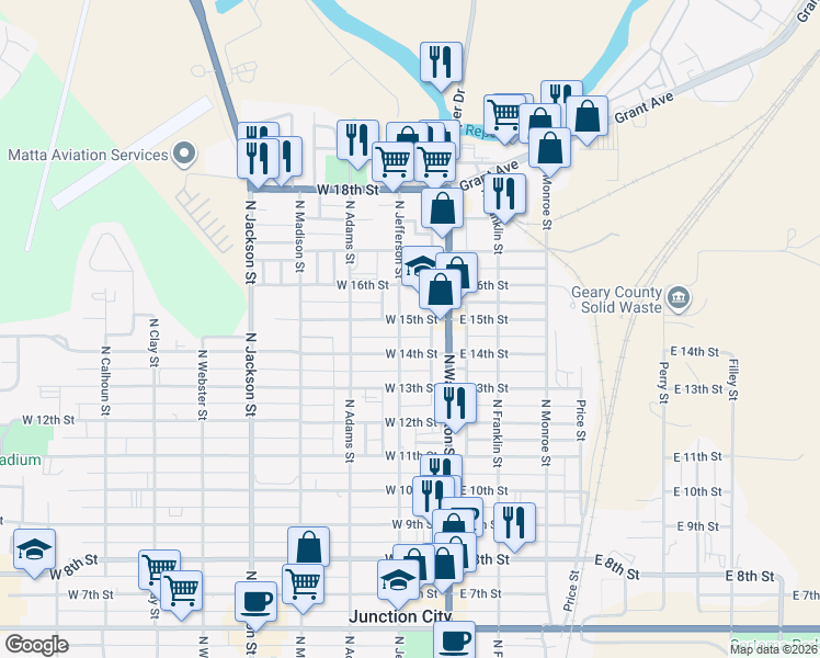 map of restaurants, bars, coffee shops, grocery stores, and more near 135 West 15th Street in Junction City