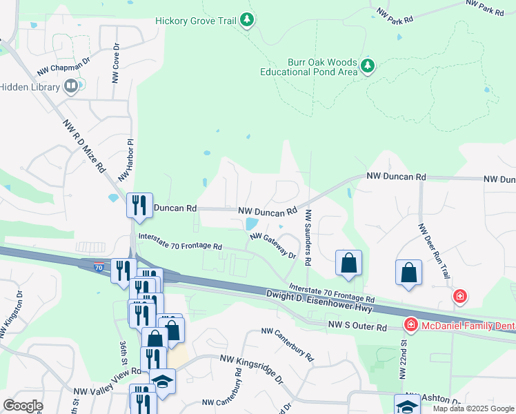 map of restaurants, bars, coffee shops, grocery stores, and more near 1801 Northwest Westbrooke Place in Blue Springs
