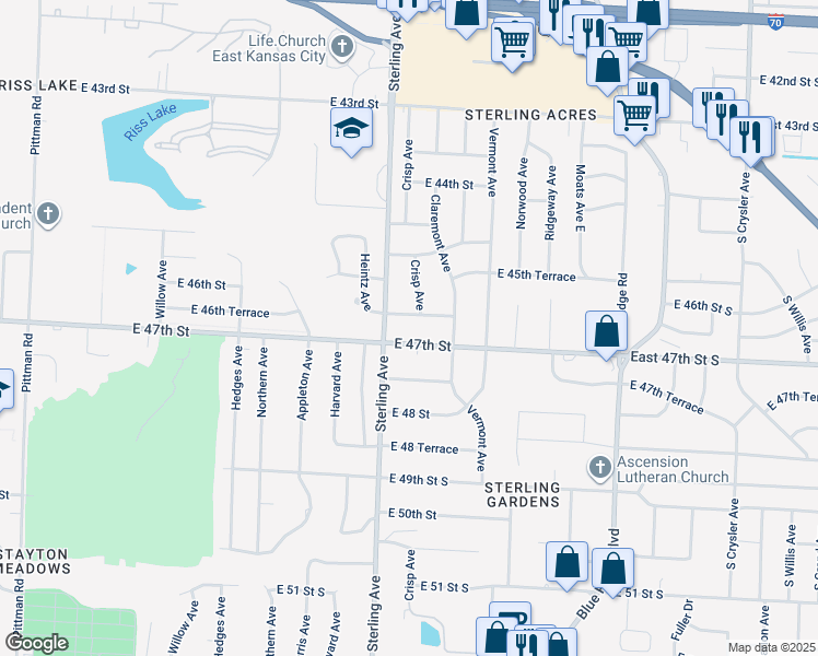 map of restaurants, bars, coffee shops, grocery stores, and more near 11200 East 47th Street in Kansas City