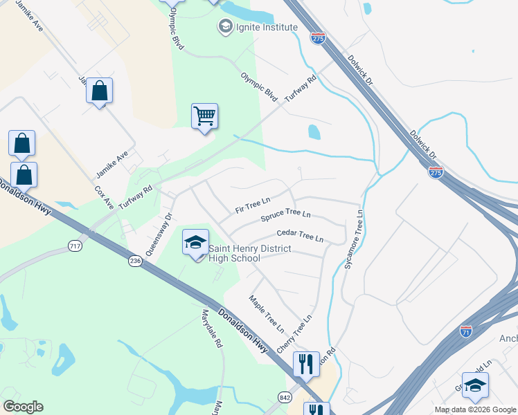 map of restaurants, bars, coffee shops, grocery stores, and more near 3377 Fir Tree Lane in Erlanger