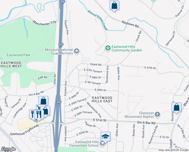 map of restaurants, bars, coffee shops, grocery stores, and more near 7800 East 48th Street in Kansas City