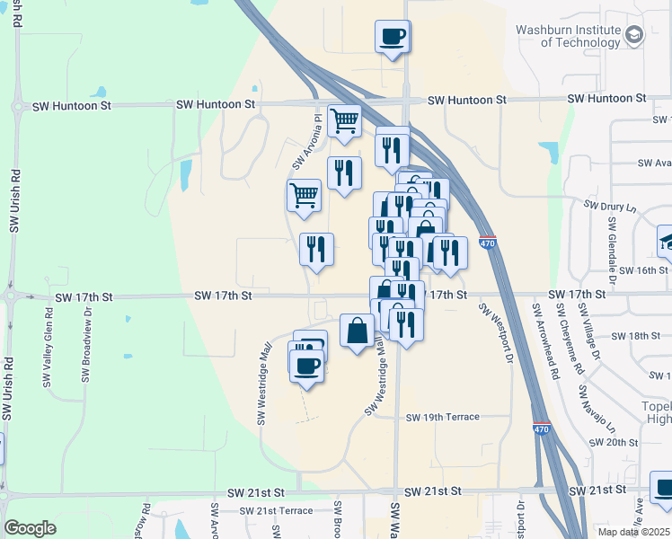 map of restaurants, bars, coffee shops, grocery stores, and more near 6130 Southwest 17th Street in Topeka