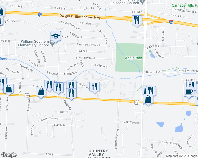 map of restaurants, bars, coffee shops, grocery stores, and more near 2900 Quail Creek Drive in Independence