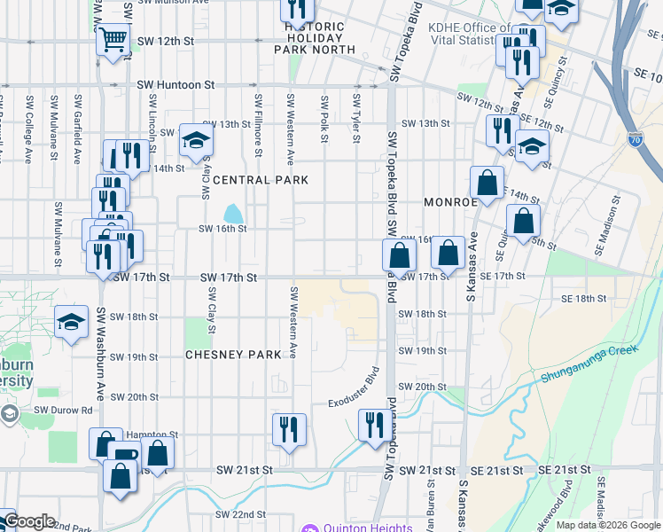map of restaurants, bars, coffee shops, grocery stores, and more near 1619 Southwest Tyler Street in Topeka