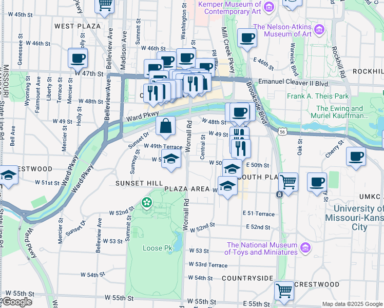 map of restaurants, bars, coffee shops, grocery stores, and more near 4950 Central Street in Kansas City