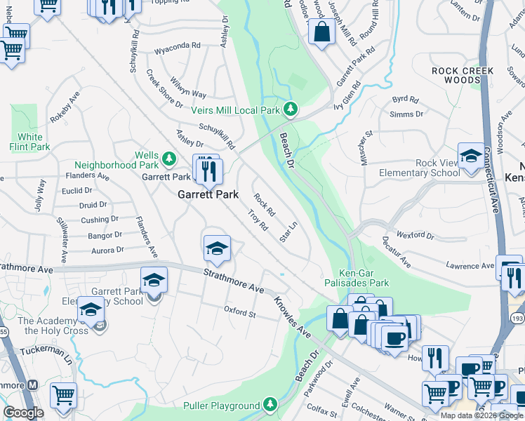 map of restaurants, bars, coffee shops, grocery stores, and more near 11116 Rock Rd in Rockville