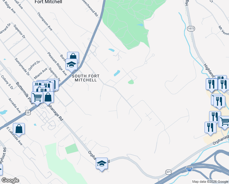 map of restaurants, bars, coffee shops, grocery stores, and more near 219 Highland Avenue in Fort Mitchell