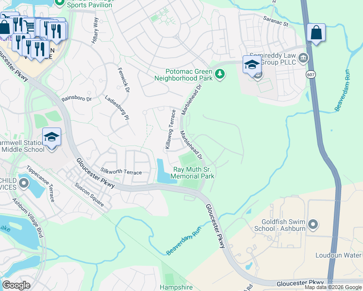 map of restaurants, bars, coffee shops, grocery stores, and more near 44506 Potter Terrace in Ashburn
