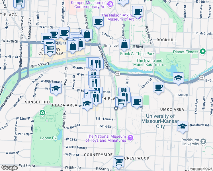 map of restaurants, bars, coffee shops, grocery stores, and more near 4925 Walnut Street in Kansas City