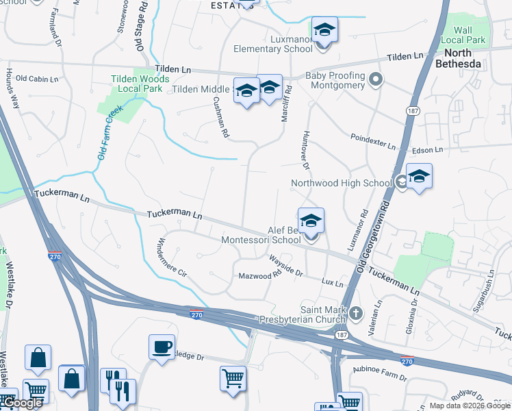 map of restaurants, bars, coffee shops, grocery stores, and more near 11013 Marcliff Road in Rockville