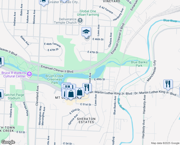map of restaurants, bars, coffee shops, grocery stores, and more near 4900 Elmwood Avenue in Kansas City