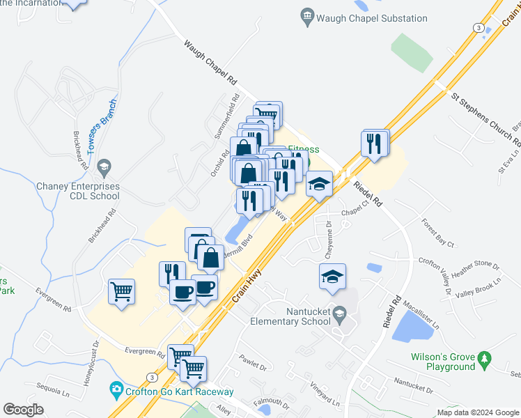 map of restaurants, bars, coffee shops, grocery stores, and more near 328 Main Chapel Way in Gambrills