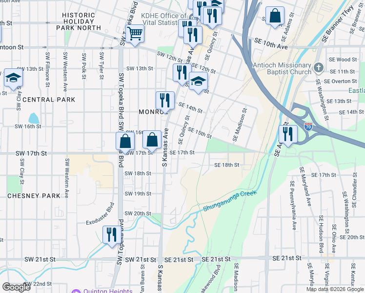 map of restaurants, bars, coffee shops, grocery stores, and more near 1528 Southeast Quincy Street in Topeka