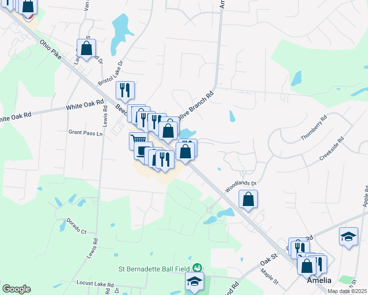 map of restaurants, bars, coffee shops, grocery stores, and more near 5 Lori Lane in Amelia