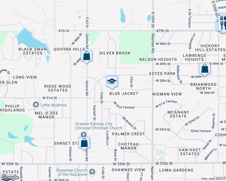 map of restaurants, bars, coffee shops, grocery stores, and more near 11615 West 49th Terrace in Shawnee